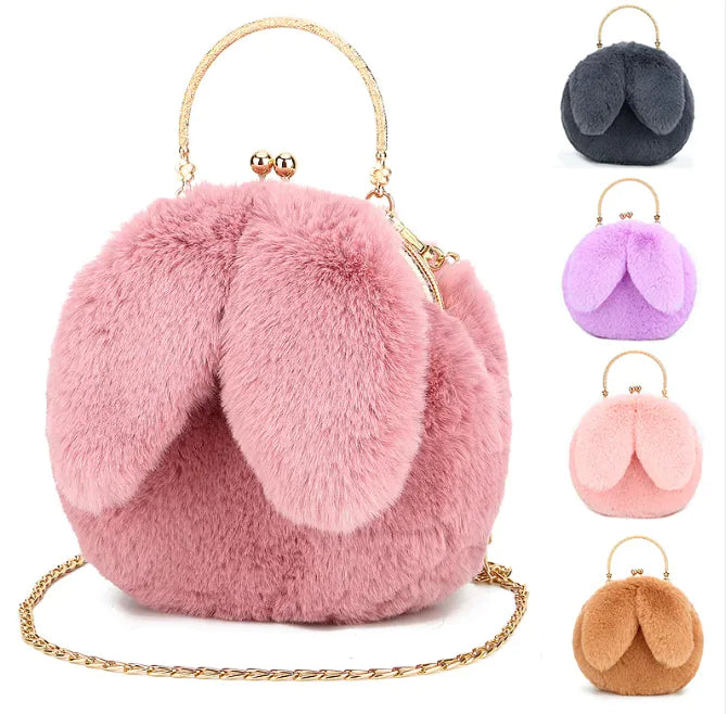 Plush Chain Ear Handbag for Kids – Cute Cartoon Faux Fur Shoulder Bag