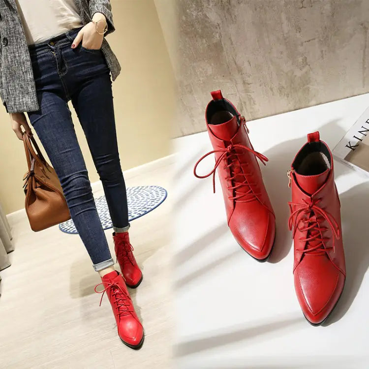 European Women's Pointed Toe Ankle Boots with Heels