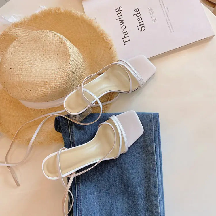 Fashion Full Leather Sandals with Crystal Heels