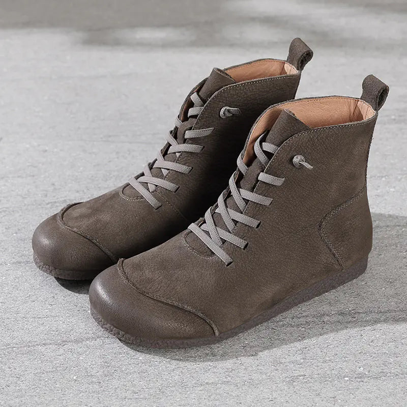 Retro Leather High-Top Women's Boots with Round Toe