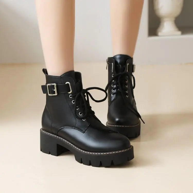 Handsome Martin Boots with Belt Buckle and Mid Heel