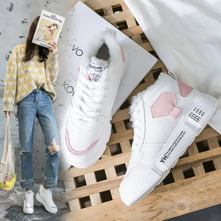 High-Top Plush Sports Shoes, White Sneakers