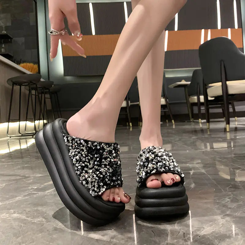 Fashionable Summer Chunky Sequin Slide Sandals for Women