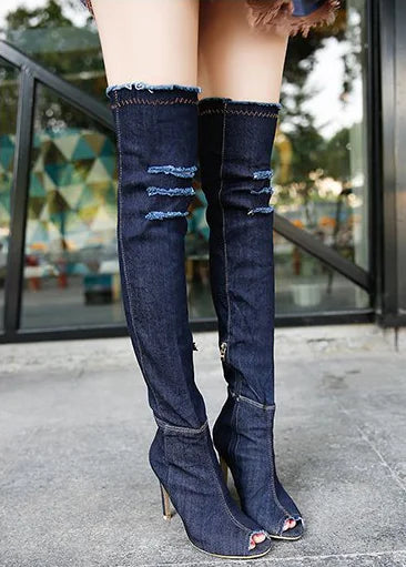 Fish Mouth Denim Over-the-Knee Slim Leg Boots