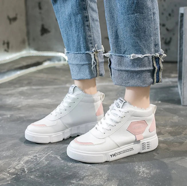 High-Top Plush Sports Shoes, White Sneakers