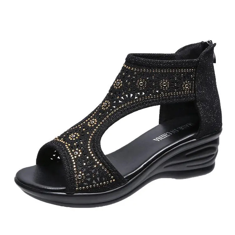 "Summer Wedge Heel Zipper Open Toe Rhinestone Sandals"