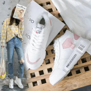 High-Top Plush Sports Shoes, White Sneakers