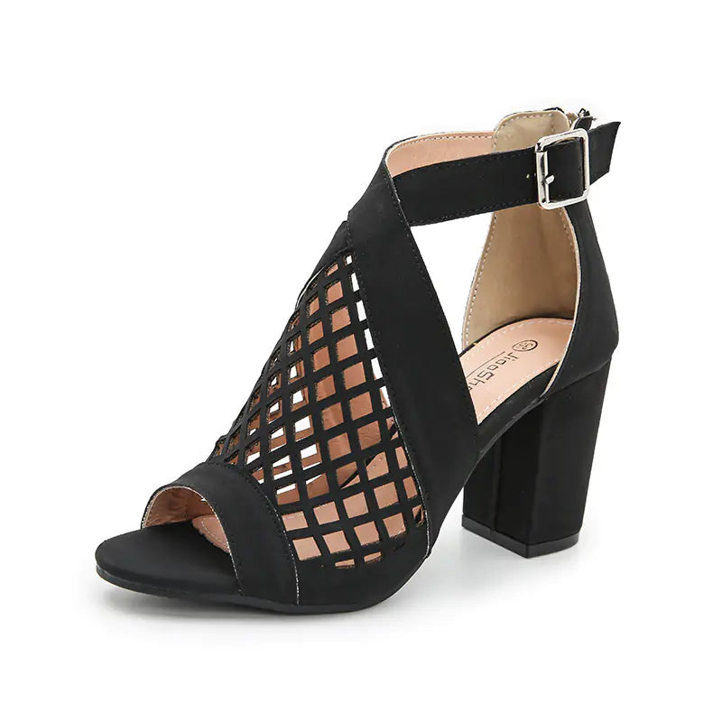 Chunky High Heel Hollow Buckle Roman Shoes for Women