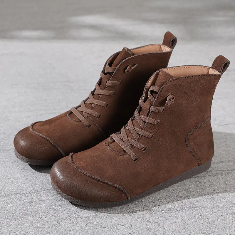 Retro Leather High-Top Women's Boots with Round Toe