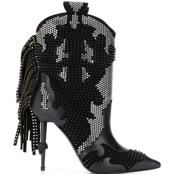 Colorblock Hot Drill Pointed Toe Fringe Short Boots