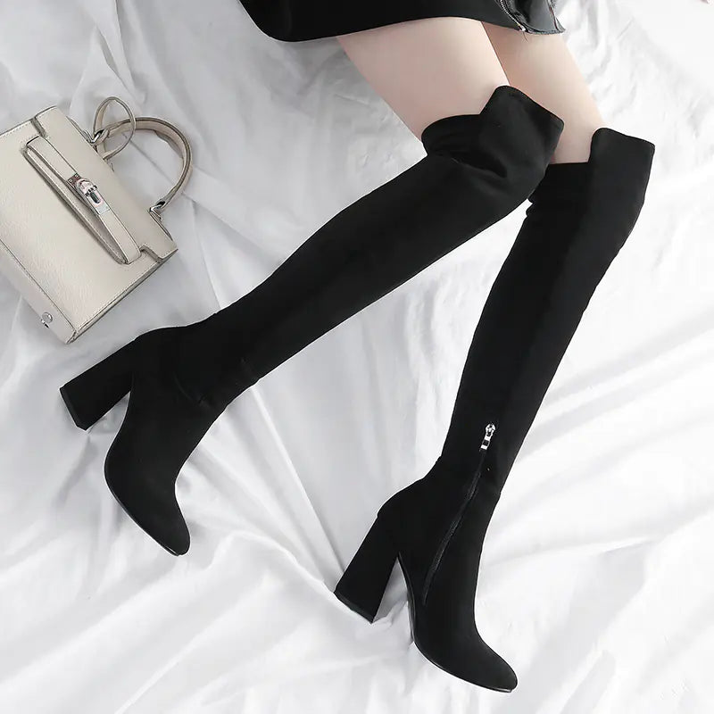 Chunky Heeled Over-the-Knee Suede Boots