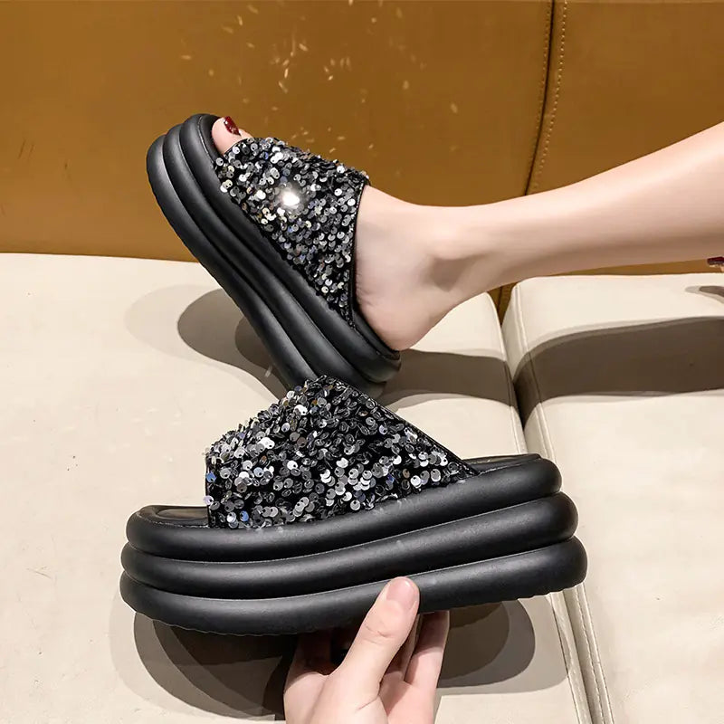 Fashionable Summer Chunky Sequin Slide Sandals for Women
