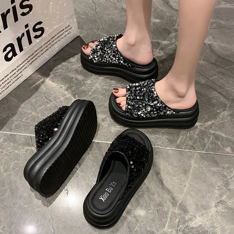 Fashionable Summer Chunky Sequin Slide Sandals for Women
