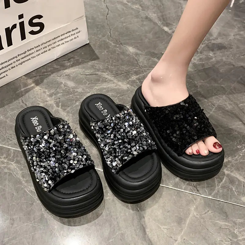 Fashionable Summer Chunky Sequin Slide Sandals for Women