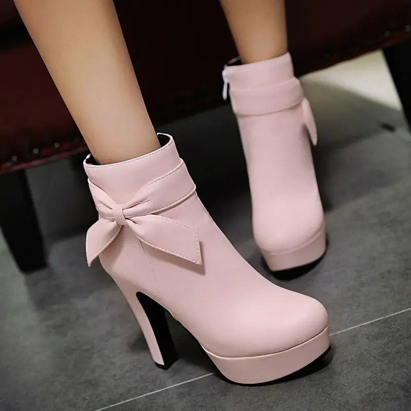 Bow Short Boots, Bow High Heels, Chunky Heeled Boots