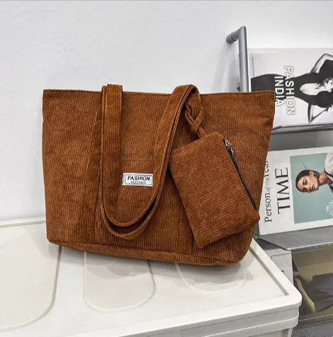 Corduroy Shoulder Bag with Mini Purse