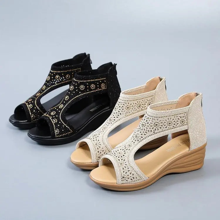 "Summer Wedge Heel Zipper Open Toe Rhinestone Sandals"